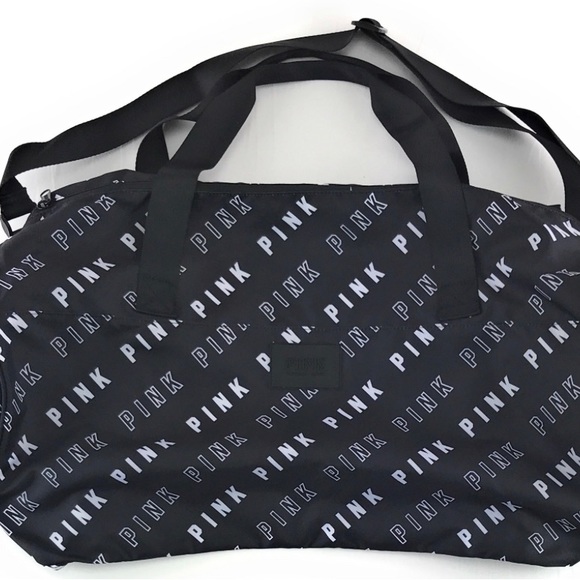 BRAND NEW VICTORIA'S SECRET PINK TRAVEL DUFFLE BAG BLACK WHITE BLOCK LOGOS - Picture 2 of 4